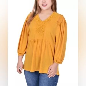 NWT NY Collection Mustard Yellow 3/4 Sleeve Knit Gauze Top Plus Size 2x
